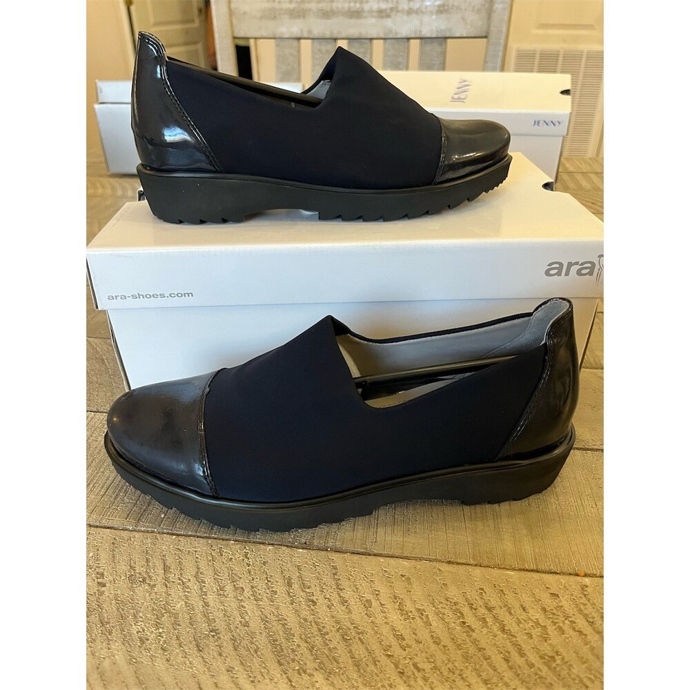 Ara Miriam Loafers Womens 6.5 G Wide Navy Slip On Comfort Patent Toe‎